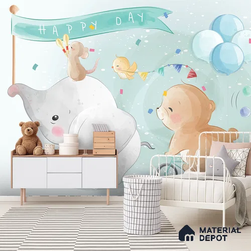 Confetti Skies & Tiny Cheers Animal Circus With Snow Backdrop | WP 04049 B Non Woven Matte Finish Animal Print Style Premium Customized size Wallpaper | 150 GSM WP01MTF Paper | (MOQ = 30 Sq. Ft.)