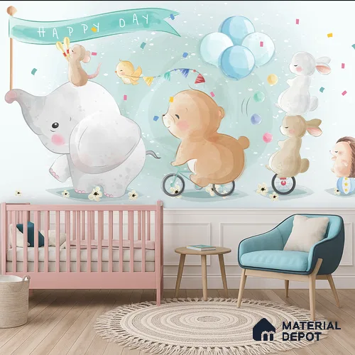 Confetti Skies & Tiny Cheers Animal Circus With Snow Backdrop | WP 04049 Canvas Texture Finish Animal Print Style luxurious Customized size Wallpaper | 250 GSM WP01CNF Paper | (MOQ = 30 Sq. Ft.)