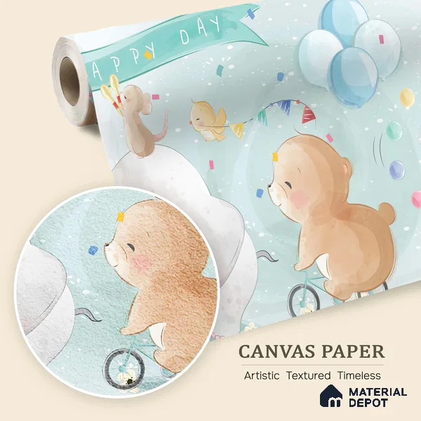 Confetti Skies & Tiny Cheers Animal Circus With Snow Backdrop | WP 04049 Canvas Texture Finish Animal Print Style luxurious Customized size Wallpaper | 250 GSM WP01CNF Paper | (MOQ = 30 Sq. Ft.)