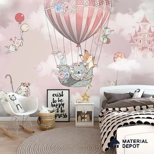 Friends on a Cloud Voyage To Castle | WP 04050 B Non Woven Matte Finish Animal Print Style Premium Customized size Wallpaper | 150 GSM WP01MTF Paper | (MOQ = 30 Sq. Ft.) | Design change not possible