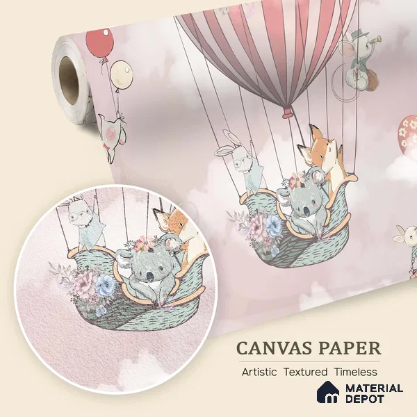 Friends on a Cloud Voyage To Castle | WP 04050 Canvas Texture Finish Animal Print Style luxurious Customized size Wallpaper | 250 GSM WP01CNF Paper | (MOQ = 30 Sq. Ft.) | Design change not possible