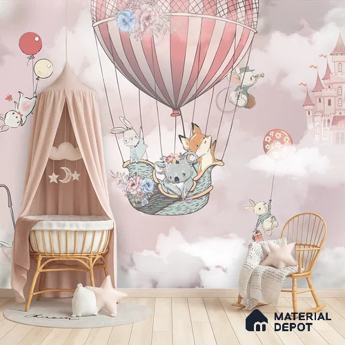 Friends on a Cloud Voyage To Castle | WP 04050 Canvas Texture Finish Animal Print Style luxurious Customized size Wallpaper | 250 GSM WP01CNF Paper | (MOQ = 30 Sq. Ft.) | Design change not possible