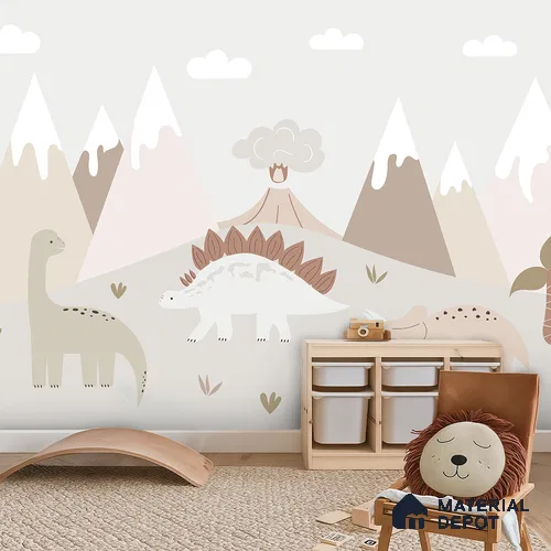 Calm Day in Dino Valley Cute Illustration | WP 04052 B Non Woven Matte Finish Animal Print Style Premium Customized size Wallpaper | 150 GSM WP01MTF Paper | (MOQ = 30 Sq. Ft.)
