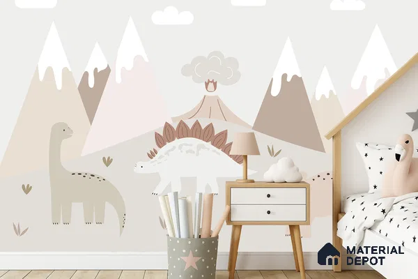 Calm Day in Dino Valley Cute Illustration | WP 04052 Canvas Texture Finish Animal Print Style luxurious Customized size Wallpaper | 250 GSM WP01CNF Paper | (MOQ = 30 Sq. Ft.)