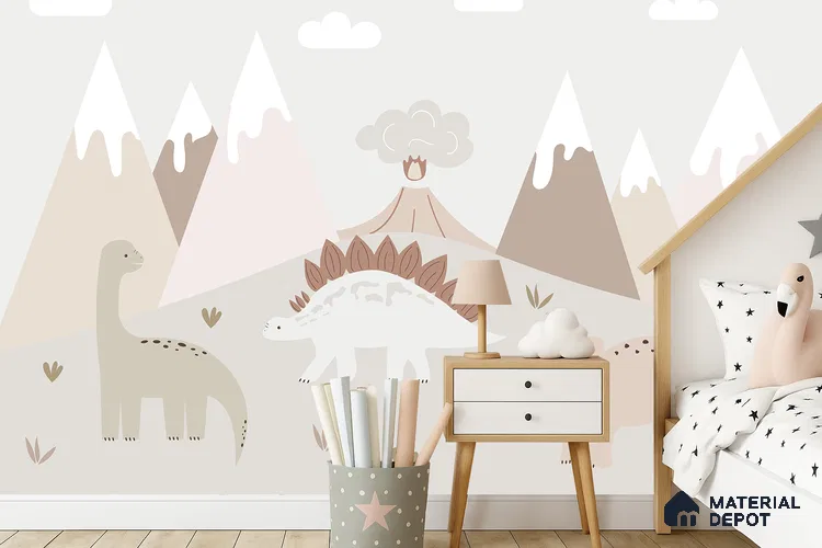 Calm Day in Dino Valley Cute Illustration | WP 04052 Canvas Texture Finish Animal Print Style luxurious Customized size Wallpaper | 250 GSM WP01CNF Paper | (MOQ = 30 Sq. Ft.)