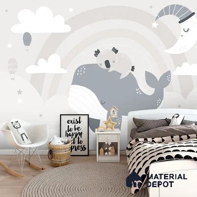 Dreaming Above the Quiet Sea Koala Sleeping On Whale Under Moon | WP 04054 B Non Woven Matte Finish Animal Print Style Premium Customized size Wallpaper | 150 GSM WP01MTF Paper | (MOQ = 30 Sq. Ft.)