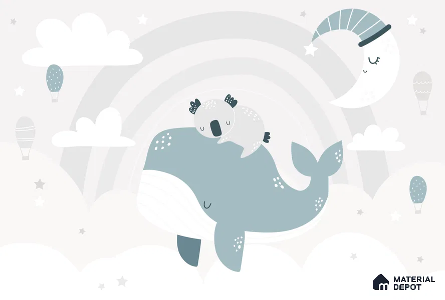 Dreaming Above the Quiet Sea Koala Sleeping On Whale Under Moon | WP 04054 B Non Woven Matte Finish Animal Print Style Premium Customized size Wallpaper | 150 GSM WP01MTF Paper | (MOQ = 30 Sq. Ft.)