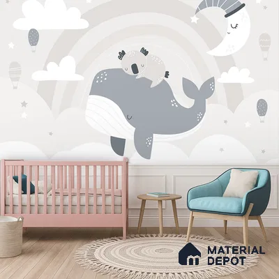 Dreaming Above the Quiet Sea Koala Sleeping On Whale Under Moon | WP 04054 B Non Woven Matte Finish Animal Print Style Premium Customized size Wallpaper | 150 GSM WP01MTF Paper | (MOQ = 30 Sq. Ft.)