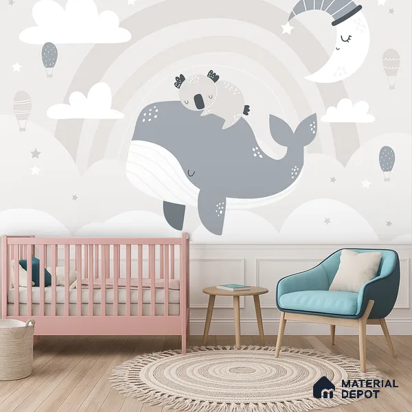 Dreaming Above the Quiet Sea Koala Sleeping On Whale Under Moon | WP 04054 B Non Woven Matte Finish Animal Print Style Premium Customized size Wallpaper | 150 GSM WP01MTF Paper | (MOQ = 30 Sq. Ft.)