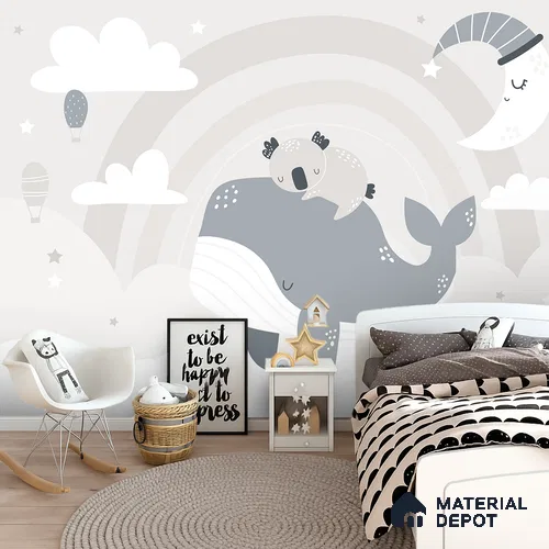 Dreaming Above the Quiet Sea Koala Sleeping On Whale Under Moon | WP 04054 Canvas Texture Finish Animal Print Style luxurious Customized size Wallpaper | 250 GSM WP01CNF Paper | (MOQ = 30 Sq. Ft.)