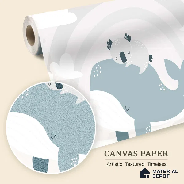 Dreaming Above the Quiet Sea Koala Sleeping On Whale Under Moon | WP 04054 Canvas Texture Finish Animal Print Style luxurious Customized size Wallpaper | 250 GSM WP01CNF Paper | (MOQ = 30 Sq. Ft.)
