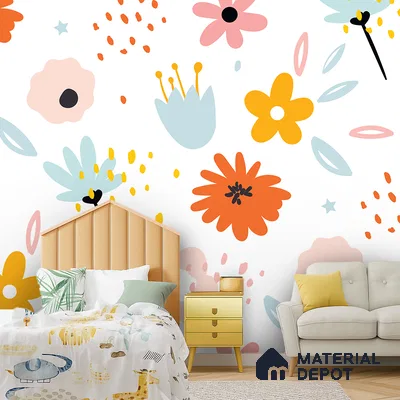 Flowers That Like to Dance Colorful Illustration | WP 04055 B Non Woven Matte Finish Florals Style Premium Customized size Wallpaper | 150 GSM WP01MTF Paper | (MOQ = 30 Sq. Ft.)