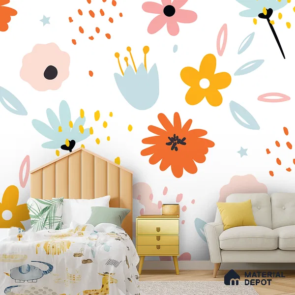 Flowers That Like to Dance Colorful Illustration | WP 04055 B Non Woven Matte Finish Florals Style Premium Customized size Wallpaper | 150 GSM WP01MTF Paper | (MOQ = 30 Sq. Ft.)