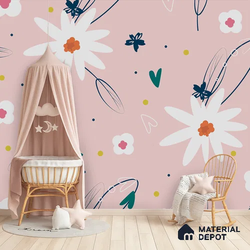 WP 04056 | Peach Pink Daisy Customized Floral Wallpaper - Canvas