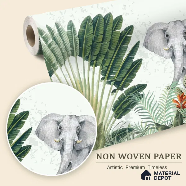 Botanical Safari Animals In Green Forest | WP 04057 B Non Woven Matte Finish Animal Print Style Premium Customized size Wallpaper | 150 GSM WP01MTF Paper | (MOQ = 30 Sq. Ft.)