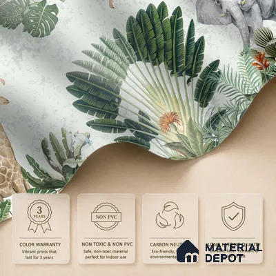 Botanical Safari Animals In Green Forest | WP 04057 B Non Woven Matte Finish Animal Print Style Premium Customized size Wallpaper | 150 GSM WP01MTF Paper | (MOQ = 30 Sq. Ft.)