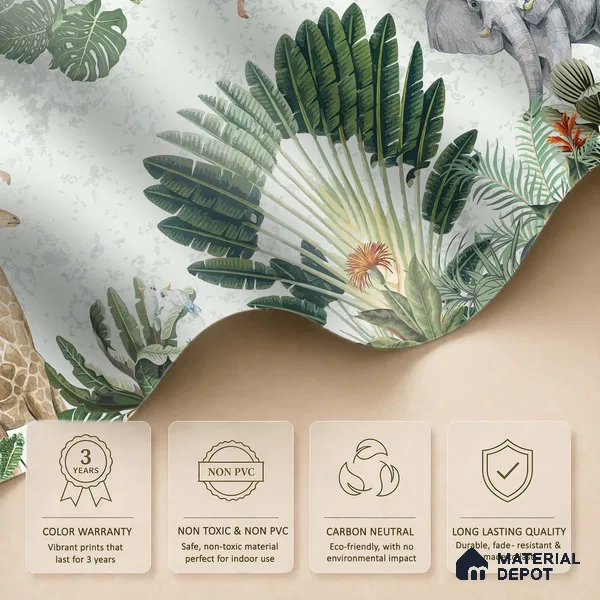 Botanical Safari Animals In Green Forest | WP 04057 B Non Woven Matte Finish Animal Print Style Premium Customized size Wallpaper | 150 GSM WP01MTF Paper | (MOQ = 30 Sq. Ft.)
