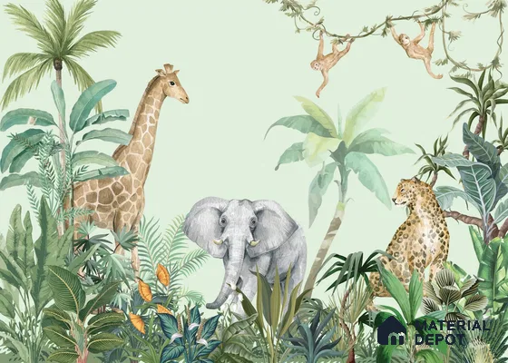 Peekaboo Safari Jungle Animals In Tropical Setting | WP 04058 B Non Woven Matte Finish Animal Print Style Premium Customized size Wallpaper | 150 GSM WP01MTF Paper | (MOQ = 30 Sq. Ft.)