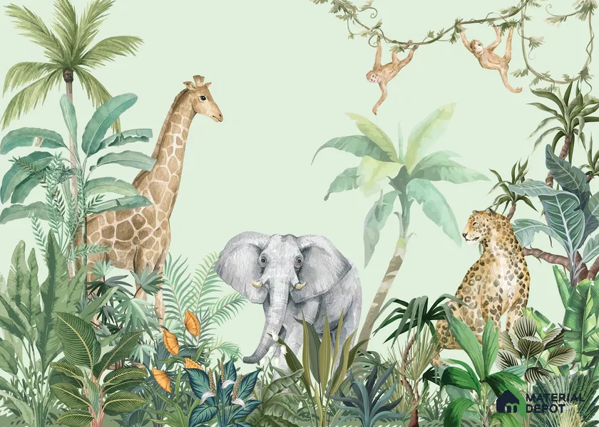 Peekaboo Safari Jungle Animals In Tropical Setting | WP 04058 B Non Woven Matte Finish Animal Print Style Premium Customized size Wallpaper | 150 GSM WP01MTF Paper | (MOQ = 30 Sq. Ft.)