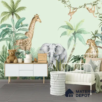 Peekaboo Safari Jungle Animals In Tropical Setting | WP 04058 B Non Woven Matte Finish Animal Print Style Premium Customized size Wallpaper | 150 GSM WP01MTF Paper | (MOQ = 30 Sq. Ft.)