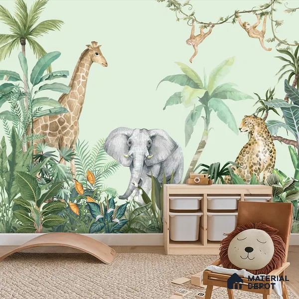 Peekaboo Safari Jungle Animals In Tropical Setting | WP 04058 B Non Woven Matte Finish Animal Print Style Premium Customized size Wallpaper | 150 GSM WP01MTF Paper | (MOQ = 30 Sq. Ft.)