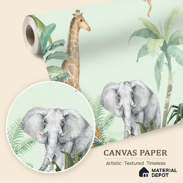 Peekaboo Safari Jungle Animals In Tropical Setting | WP 04058 Canvas Texture Finish Animal Print Style luxurious Customized size Wallpaper | 250 GSM WP01CNF Paper | (MOQ = 30 Sq. Ft.)
