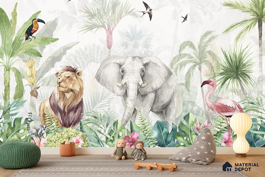 Friends of the Forest Floor Birds And Animals Harmony | WP 04059 B Non Woven Matte Finish Animal Print Style Premium Customized size Wallpaper | 150 GSM WP01MTF Paper | (MOQ = 30 Sq. Ft.) | Design change not possible
