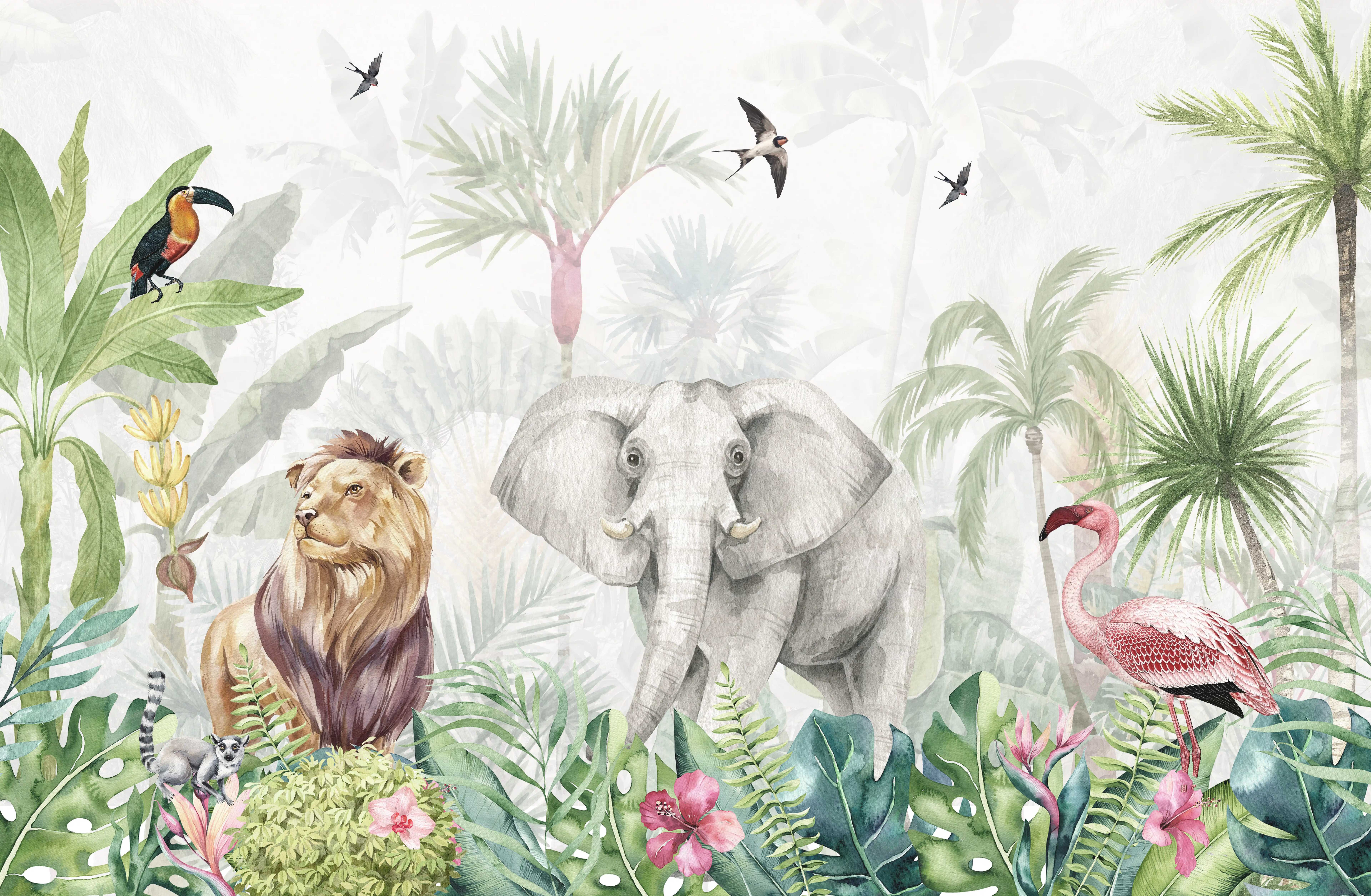 Friends of the Forest Floor Birds And Animals Harmony | WP 04059 B Non Woven Matte Finish Animal Print Style Premium Customized size Wallpaper | 150 GSM WP01MTF Paper | (MOQ = 30 Sq. Ft.) | Design change not possible