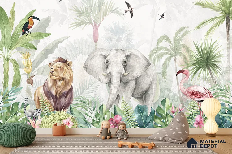 Friends of the Forest Floor Birds And Animals Harmony | WP 04059 Canvas Texture Finish Animal Print Style luxurious Customized size Wallpaper | 250 GSM WP01CNF Paper | (MOQ = 30 Sq. Ft.) | Design change not possible
