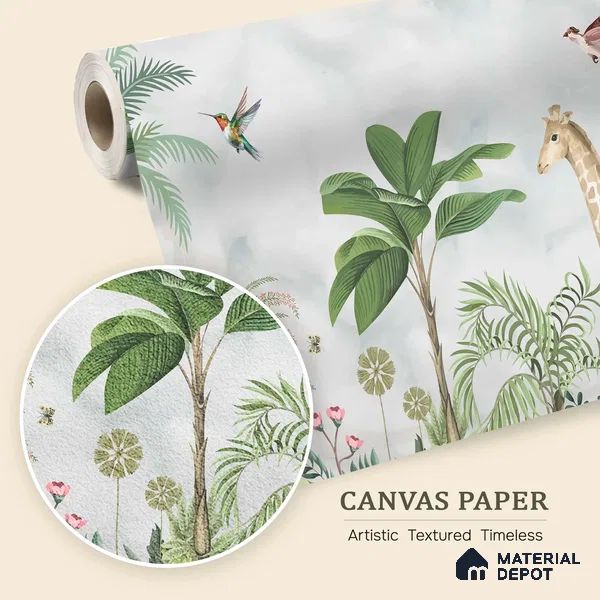Botanical Safari Mural Savannah Animals On Horizon | WP 04060 Canvas Texture Finish Animal Print Style luxurious Customized size Wallpaper | 250 GSM WP01CNF Paper | (MOQ = 30 Sq. Ft.) | Design change not possible