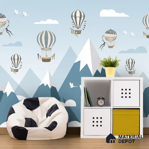 Adventure Wall Hot Air Balloons Over Mountains | WP 04061 Canvas Texture Finish Abstract Style luxurious Customized size Wallpaper | 250 GSM WP01CNF Paper | (MOQ = 30 Sq. Ft.) | Design change not possible