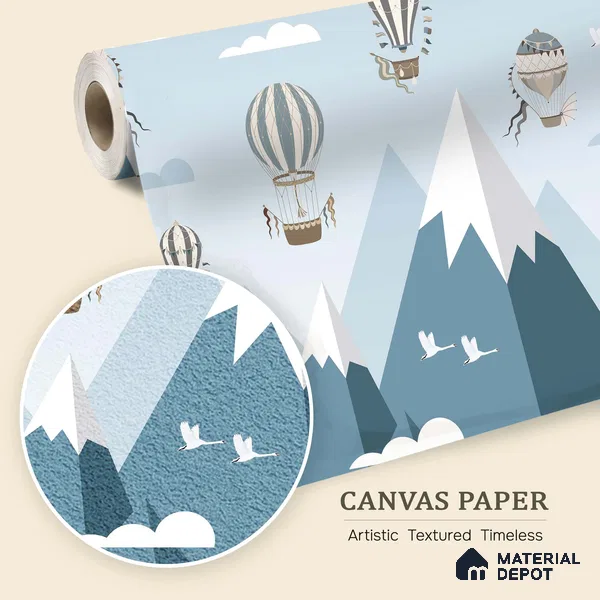 Adventure Wall Hot Air Balloons Over Mountains | WP 04061 Canvas Texture Finish Abstract Style luxurious Customized size Wallpaper | 250 GSM WP01CNF Paper | (MOQ = 30 Sq. Ft.) | Design change not possible