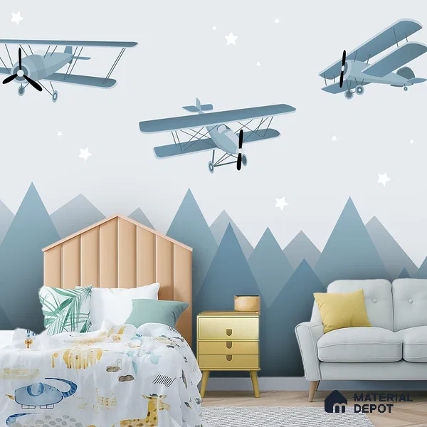 Flying Over the Blue Peaks Vintage Planes | WP 04062 B Non Woven Matte Finish Abstract Style Premium Customized size Wallpaper | 150 GSM WP01MTF Paper | (MOQ = 30 Sq. Ft.)