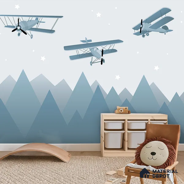 Flying Over the Blue Peaks Vintage Planes | WP 04062 B Non Woven Matte Finish Abstract Style Premium Customized size Wallpaper | 150 GSM WP01MTF Paper | (MOQ = 30 Sq. Ft.)