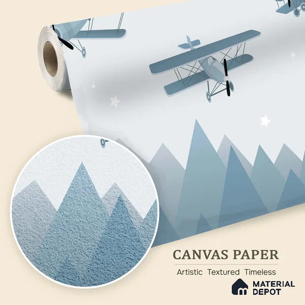 Flying Over the Blue Peaks Vintage Planes | WP 04062 Canvas Texture Finish Abstract Style luxurious Customized size Wallpaper | 250 GSM WP01CNF Paper | (MOQ = 30 Sq. Ft.)
