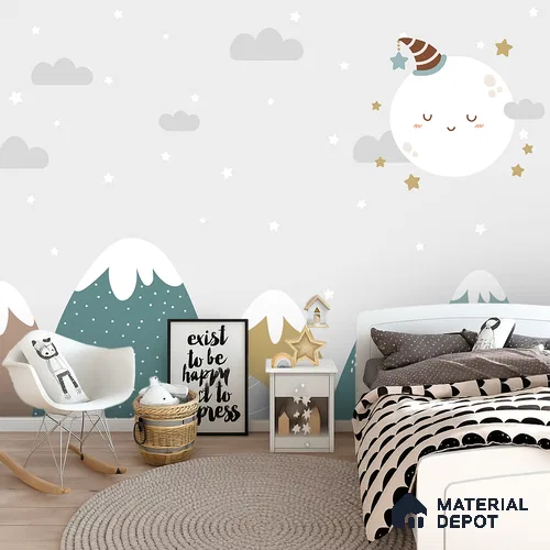 Goodnight Little Moon Winter Night | WP 04063 B Non Woven Matte Finish Nature Style Premium Customized size Wallpaper | 150 GSM WP01MTF Paper | (MOQ = 30 Sq. Ft.)