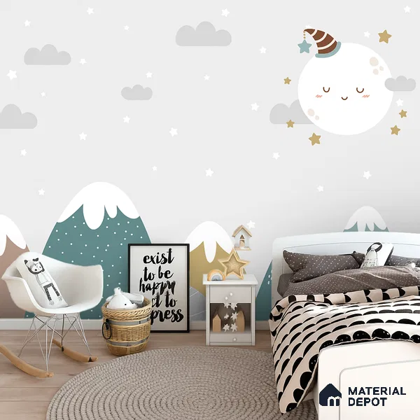 Goodnight Little Moon Winter Night | WP 04063 Canvas Texture Finish Nature Style luxurious Customized size Wallpaper | 250 GSM WP01CNF Paper | (MOQ = 30 Sq. Ft.)