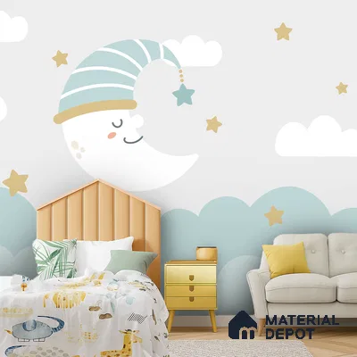 Little Star Lullaby Soft Pastel Animal Dreamscape | WP 04066 Canvas Texture Finish Space Style luxurious Customized size Wallpaper | 250 GSM WP01CNF Paper | (MOQ = 30 Sq. Ft.)