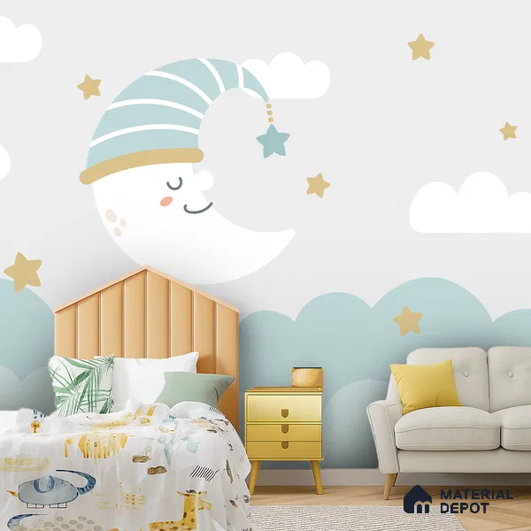 Little Star Lullaby Soft Pastel Animal Dreamscape | WP 04066 Canvas Texture Finish Space Style luxurious Customized size Wallpaper | 250 GSM WP01CNF Paper | (MOQ = 30 Sq. Ft.)