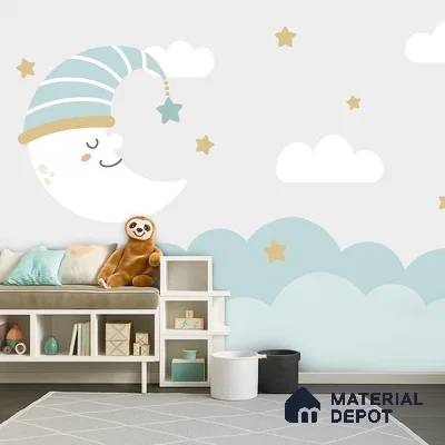 Little Star Lullaby Soft Pastel Animal Dreamscape | WP 04066 Canvas Texture Finish Space Style luxurious Customized size Wallpaper | 250 GSM WP01CNF Paper | (MOQ = 30 Sq. Ft.)