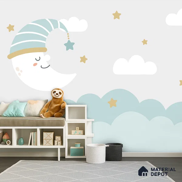 Little Star Lullaby Soft Pastel Animal Dreamscape | WP 04066 Canvas Texture Finish Space Style luxurious Customized size Wallpaper | 250 GSM WP01CNF Paper | (MOQ = 30 Sq. Ft.)