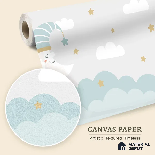 Little Star Lullaby Soft Pastel Animal Dreamscape | WP 04066 Canvas Texture Finish Space Style luxurious Customized size Wallpaper | 250 GSM WP01CNF Paper | (MOQ = 30 Sq. Ft.)