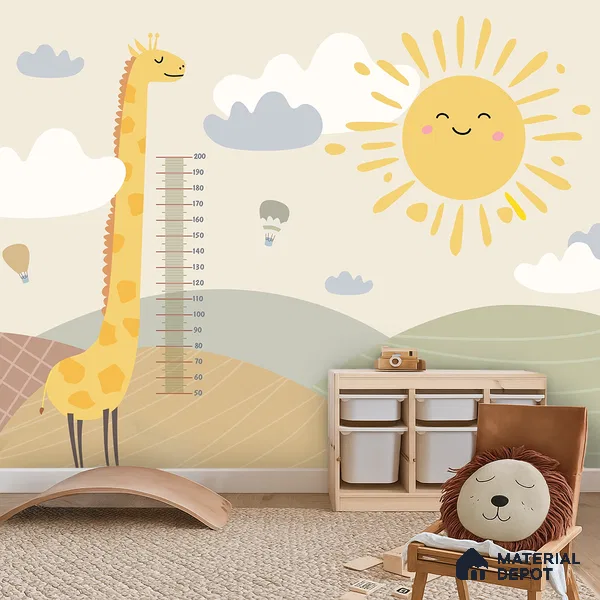 Giraffe Milestone Wall Bright Sunny Day Illustration | WP 04067 Canvas Texture Finish Animal Print Style luxurious Customized size Wallpaper | 250 GSM WP01CNF Paper | (MOQ = 30 Sq. Ft.)