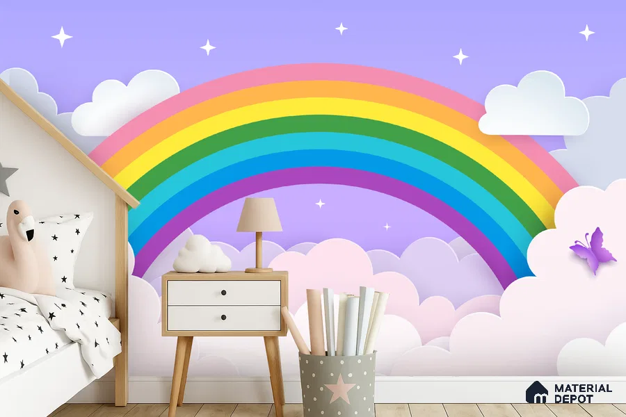 Magic Arc in the Clouds Rainbow On Light Background | WP 04068 Canvas Texture Finish Geometric Style luxurious Customized size Wallpaper | 250 GSM WP01CNF Paper | (MOQ = 30 Sq. Ft.)