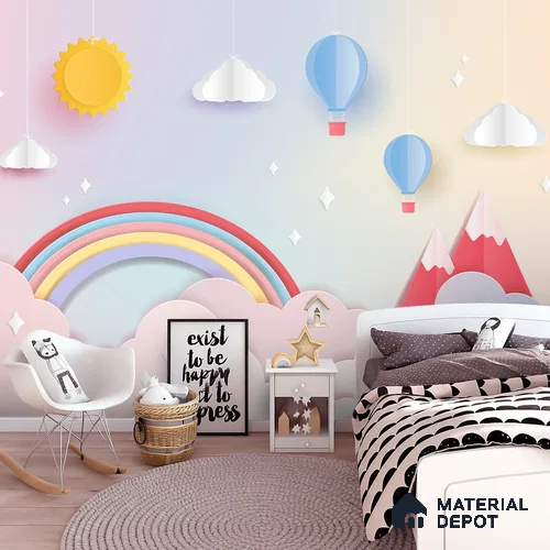 Kids Fantasy Sky Rainbow Over Mountain Tops | WP 04069 B Non Woven Matte Finish Geometric Style Premium Customized size Wallpaper | 150 GSM WP01MTF Paper | (MOQ = 30 Sq. Ft.)