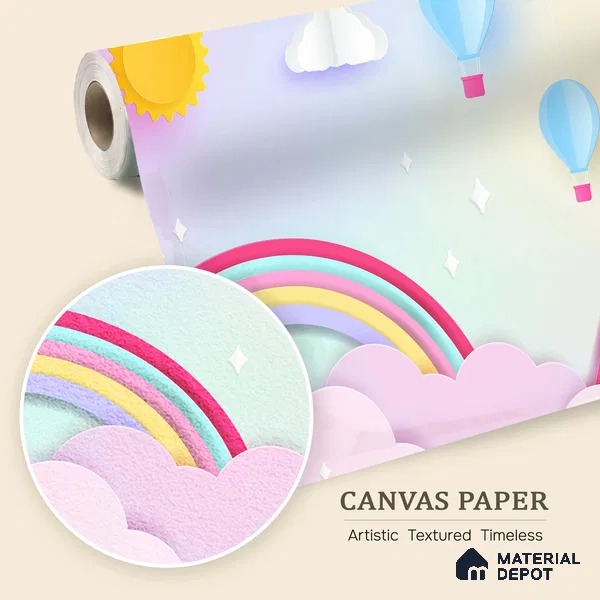 Kids Fantasy Sky Rainbow Over Mountain Tops | WP 04069 Canvas Texture Finish Geometric Style luxurious Customized size Wallpaper | 250 GSM WP01CNF Paper | (MOQ = 30 Sq. Ft.)