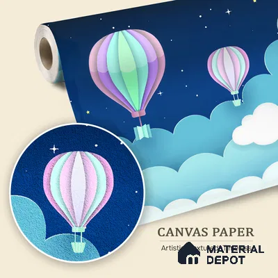 Gentle Night Sky Ride Balloon Above Clouds Scene | WP 04070 Canvas Texture Finish Space Style luxurious Customized size Wallpaper | 250 GSM WP01CNF Paper | (MOQ = 30 Sq. Ft.)