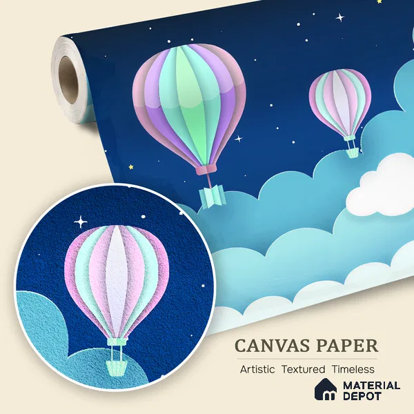 Gentle Night Sky Ride Balloon Above Clouds Scene | WP 04070 Canvas Texture Finish Space Style luxurious Customized size Wallpaper | 250 GSM WP01CNF Paper | (MOQ = 30 Sq. Ft.)