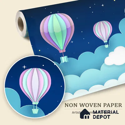 Gentle Night Sky Ride Balloon Above Clouds Scene | WP 04070 B Non Woven Matte Finish Space Style Premium Customized size Wallpaper | 150 GSM WP01MTF Paper | (MOQ = 30 Sq. Ft.)