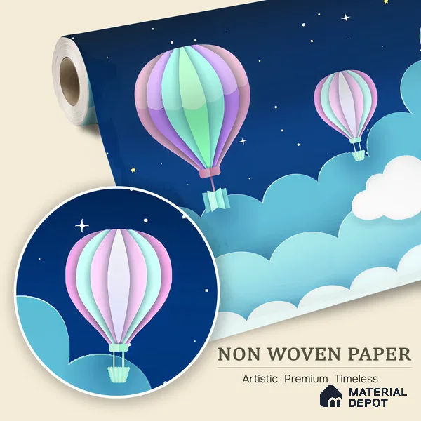 Gentle Night Sky Ride Balloon Above Clouds Scene | WP 04070 B Non Woven Matte Finish Space Style Premium Customized size Wallpaper | 150 GSM WP01MTF Paper | (MOQ = 30 Sq. Ft.)